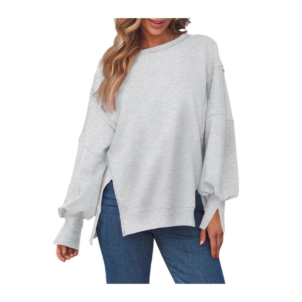 Trendy Queen Oversized Gray Sweatshirt‎ Womens Medium Side Slit Boho Raw Seam